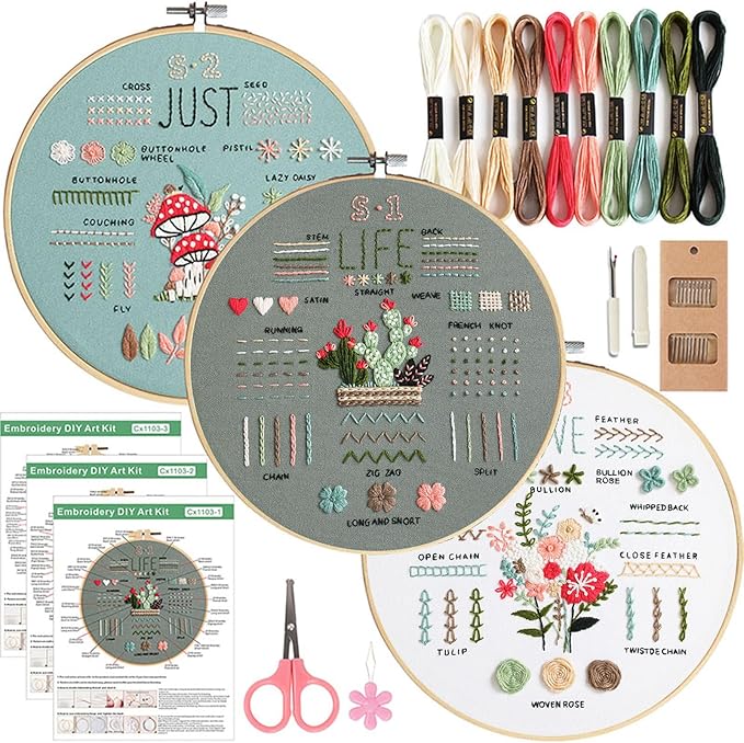 COCOMOX 3 Sets Embroidery Kit for Beginners Adults, Needlepoint Cross Stitch Kits, Learn 34 Different Stiches DIY Kits, Hand Embroidery Kit with Simple Embroidery Patterns