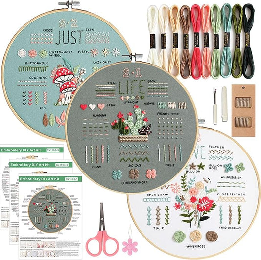 COCOMOX 3 Sets Embroidery Kit for Beginners Adults, Needlepoint Cross Stitch Kits, Learn 34 Different Stiches DIY Kits, Hand Embroidery Kit with Simple Embroidery Patterns