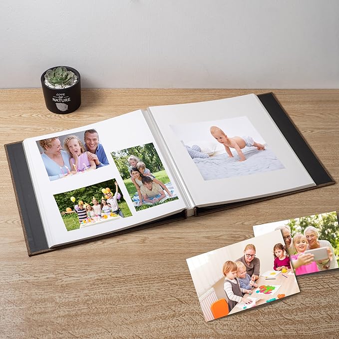 Photo Album Scrapbook – Holds 4x6, 5x7 & 8x10 Pictures – Self-Adhesive Pages for Baby, Wedding, Travel & Family Memories | Includes Metallic Pen & Scraper/Brown Large DIY Memory Book for Gifts