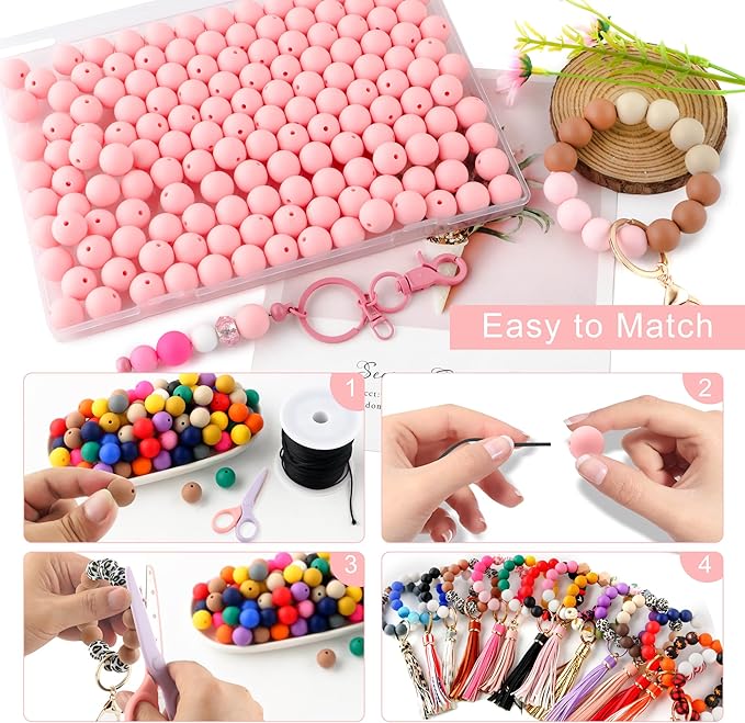 150Pcs 15mm Silicone Beads for Keychain Making Bracelet Necklace, Bulk Round Silicone Beads for Pens(Candy Pink)