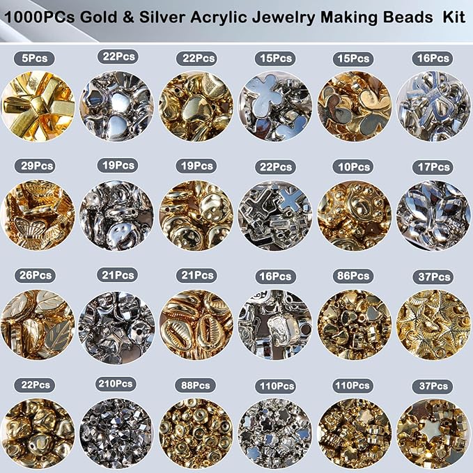 1000pcs Gold Silver Acrylic Beads Kit, 4-32mm for Jewelry Making Assorted Hearts Stars Bead Butterfy Cat Paw DIY Craft Supplies for Necklaces Earring Bracelet Keychains Adult Beginners Professionals