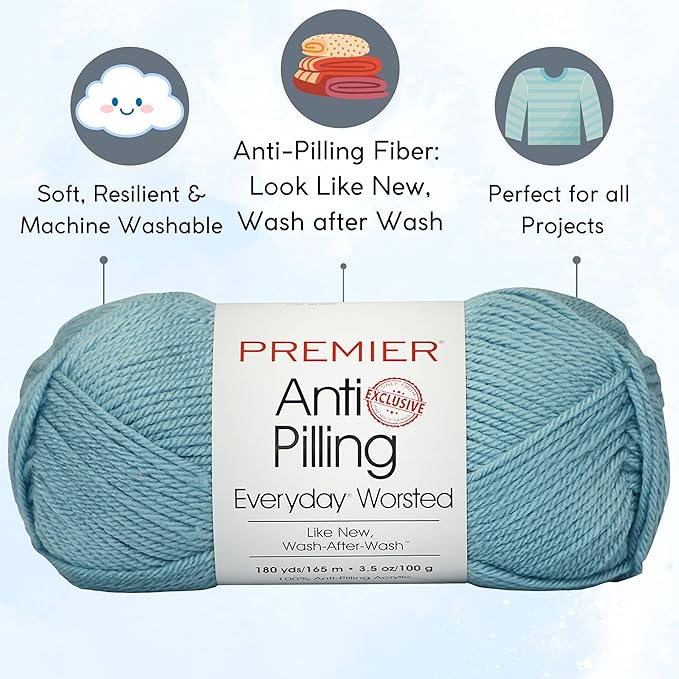 Premier Yarns Everyday Anti-Pilling Solid Porcelain Blue DN100-81 (3-Skeins - Same Dye Lot) #4 Worsted Weight Acrylic Yarn for Crocheting and Knitting with Project Bag