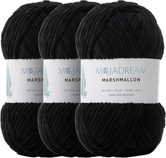 3PCS 3.5oz Chenille Yarn for Blankets Amigurumi: Soft Velvet Baby Yarn Blanket Knitting and Crocheting Bulky 5# Yarn 3 Skeins of 100g (Black)