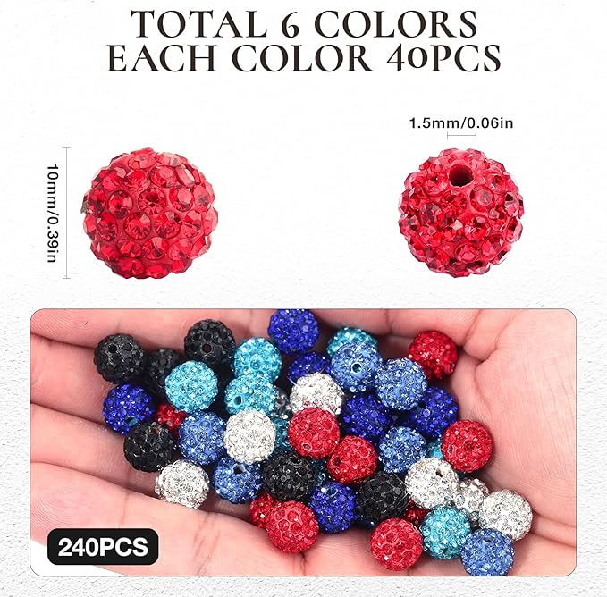 240pcs 10mm Rhinestone Beads for Crafting, Sparkle Clay Beads Crystal Disco Ball for DIY Jewelry Making Bracelet Necklace Earring and Independence Day Decorations Clay Rhinestone Red and Blue Series