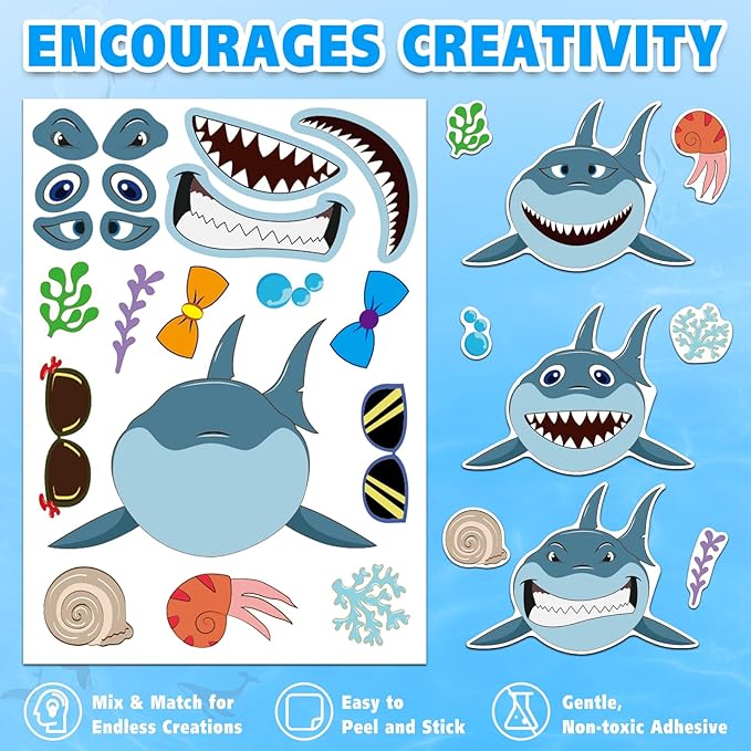 aowplc 42 pcs ocean animals make-a-face sticker sheets for kids - 14 sea creature designs for party favors, classroom activities, arts & crafts