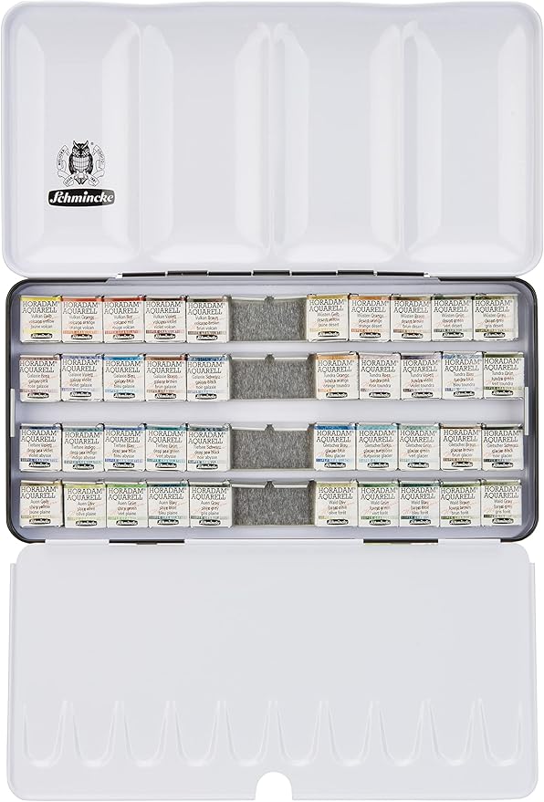 Schmincke - HORADAM® AQUARELL, Super Granulation Set Complete Assortment, 40 x Half Pans, 74 440 097, Metal Box, Very Strong granulating Watercolors