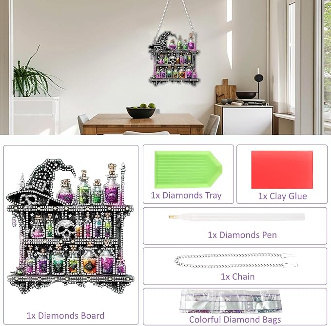 SENQAO Halloween Diamond Art Hanging Kits for Adults Beginners, DIY Acrylic 5D Special Shaped Crystal Diamond Gem Art Painting Hanging Ornament for Home Wall Decor and Gift（Magic Potion Skull）