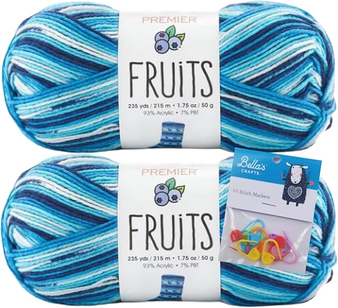 Premier Yarns Fruits, Acrylic Sock Yarn, 2-Pack Bundled with Bella's Crafts Stitch Markers (Blueberry)
