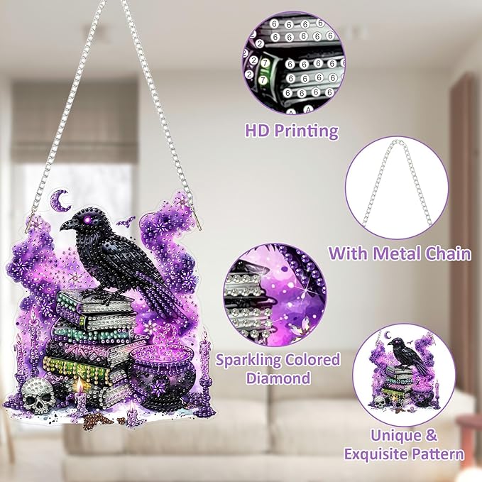 SENQAO Halloween Diamond Art Hanging Kits for Adults Beginners, DIY Acrylic 5D Special Shaped Crystal Diamond Gem Art Painting Hanging Ornament for Home Wall Decor and Gift（Crow Book Skull）