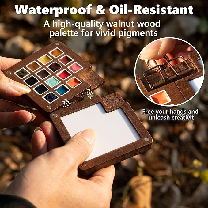 Mini Paint Palette Travel Kit - 15-Colors Pocket Artist Water Color Travel Set with Crossbody Bag, Watercolor Journal, Metal Clip, Paint Water Cup, Water Brush, Wooden Paint Box for Painters Artists