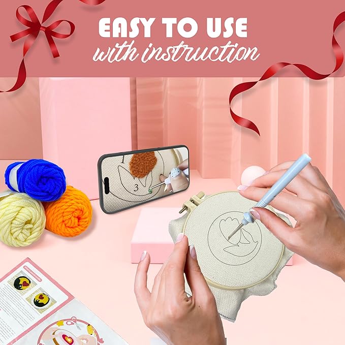 SEREDH Punch Needle Kit for Beginners Adults Easy Needle Punch Embroidery Tool Set Including Threader Instruction Fabric Hoop Yarn Coaster DIY Making Kit Supplies,Set of 8 Flora Art Crafts Gifts