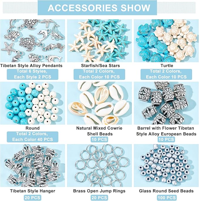 PH PandaHall 292pcs Turquoise Jewelry Making, Boho Ocean Beach Shell Bead Charms Starfish Mermaid Turtle Beads Summer Sea Dangle Pendant for Gift Bracelet Necklace Earring Anklet Craft Jewelry Making