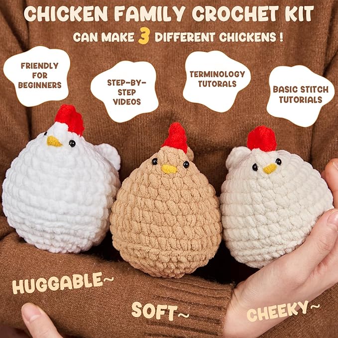 MAGIMUSE Crochet Kit for Beginners, Crochet Starter Kits for Adults Amigurumi Craft Knitting Crochet Animals Kits with Step-by-Step Video Tutorials, 3 Pcs Chicken (40%+ Yarn)