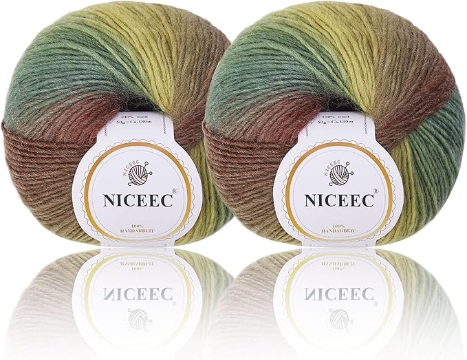 NICEEC 2 Skeins Rainbow Soft Yarn 100% Wool Gradient Multi Color Yarn for Crocheting Knit Total Length 180m×2(196yds×2,50g×2)-15#