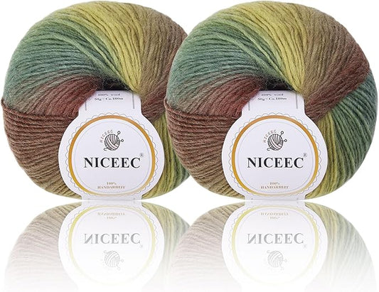 NICEEC 2 Skeins Rainbow Soft Yarn 100% Wool Gradient Multi Color Yarn for Crocheting Knit Total Length 180m×2(196yds×2,50g×2)-15#