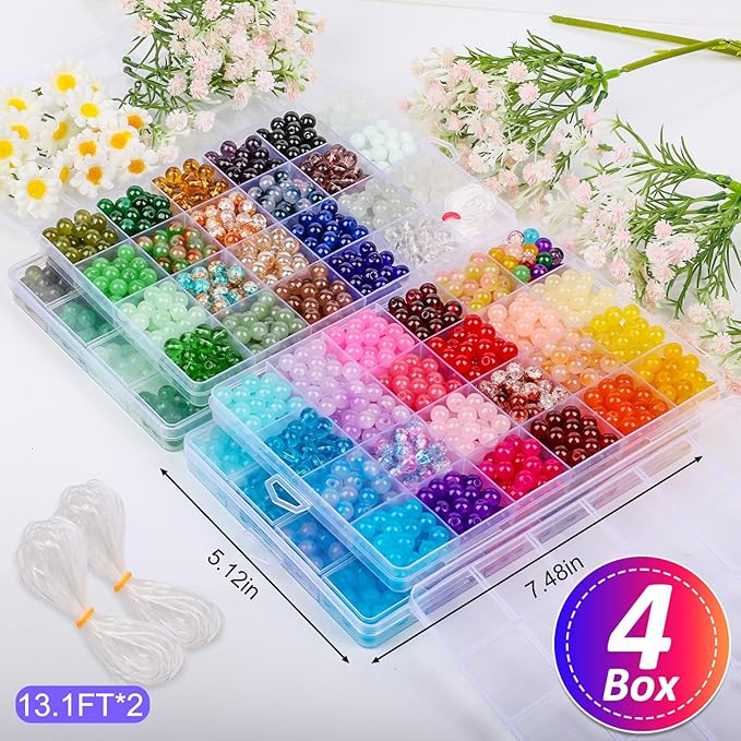 XSEINO 2400 PCS 8mm Glass Beads Bracelet Making Kit, 47 Colors Crystal Beads for Jewelry Making and DIY Crafts，4 Box Round Beads