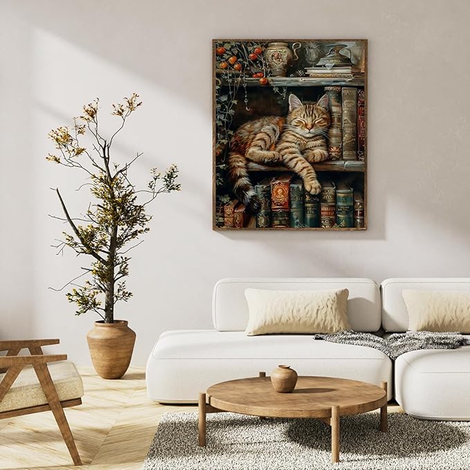 Okarina Paint by Numbers Kit for Adults Beginner Cat, Bookshelf Adult Paint by Number Kits on Canvas, Book DIY Acrylic Oil Painting by Numbers for Adults, Perfect for Home Wall Decor 16X20 Inch