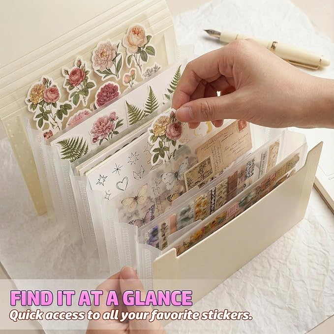 Sticker Storage Organizer with 7 Expandable Pockets, Multi-Layer Desktop Sticker Binder for Scrapbook Essentials and Journal Organizer, Large Capacity for Thick Sticker Album, Washi Tape(Cream)