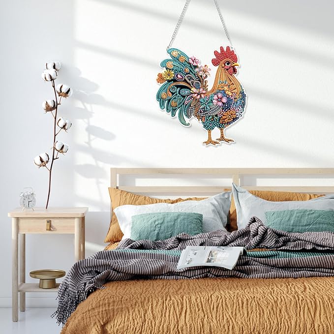 HEIBAGO Chicken Hanging Diamond Art Kits for Adults, Rooster Special Shaped Crystal Diamond Painting Ornament Kit, DIY Double-Sided Pattern Window Pendant Gem Art Kit for Home Wall Decor 8.3x8.3inch