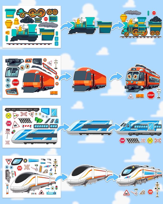 aowplc train stickers for kids – 32 sheets make-a-train mix & match kit – fun party favors & activities