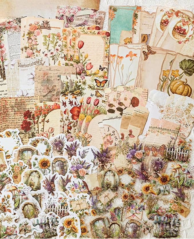 100PCS Vintage Journaling Scrapbooking Supplies Ephemera Pack for Junk Journal Planners Decoupage Paper Scrapbook Stickers Aesthetic Cottagecore Collage Craft Album (Plants)