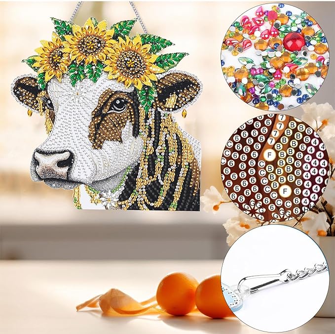 Bimkole Cow Diamond Art Hanging Kit for Adult, DIY 5D Sunflowers Diamond Art Painting Window Pendant, Acrylic Crystal Art Hanging Ornament for Wall Home Garden Front Door Decor - 7.8x7.8 Inch