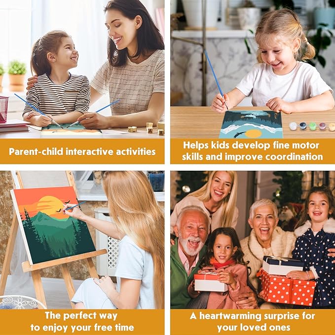 4 Pack Paint by Numbers for Adults with Wooden Framed, Nature Scenery, Sunset, Paint by Number Kits on Canvas for Beginner, DIY Acrylic Oil Painting Kits for Home Decor 8x8 inch, Mountain Landscape