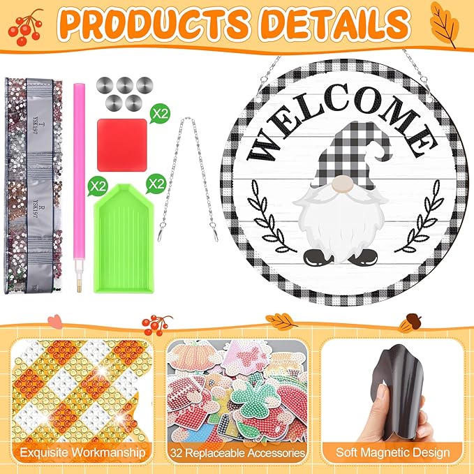 33 Pcs Magnetic Diamond Art Set Interchangeable DIY Gnome Diamond Painting Decor Detachable Welcome Sign Seasonal Door Hanger Gnome Party Decorations Gift for Home Wall Front Door(Stylish)