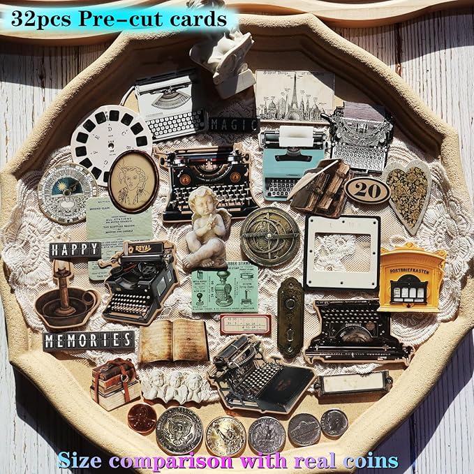 CATaireen Vintage Junk Journal Items Kit Pre Cut Paper Cards Cutout Cardstock Art Aesthetic Decor Hollow Out Craft Elements Small Embellishments Supplies for Adults Scrapbook Pack (Typewriter)