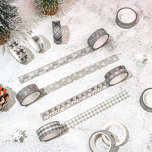 Whaline 12 Rolls Christmas Washi Tape Grey Farmhouse Washi Tape Assorted Xmas Masking Decorative Party Gift Paper Tape for DIY Craft Scrapbook Decor Party Favor Supplies