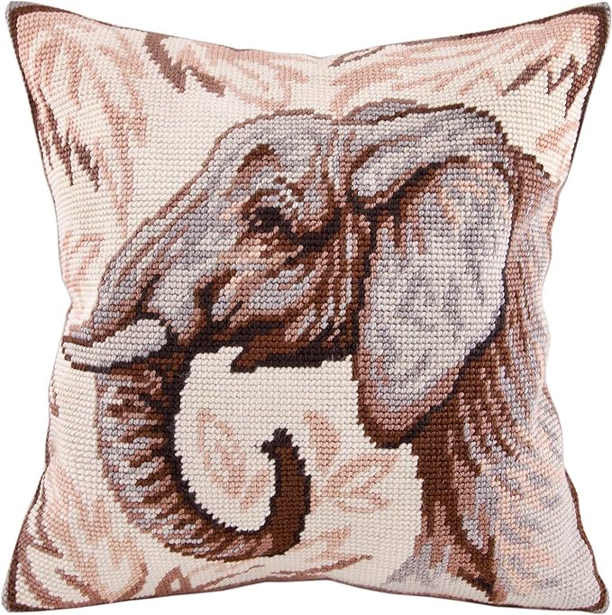 Brvsk Ferine Needlepoint Kit for Adults and Beginners — Elephant 16″ × 16″ with Clear, Precise Printed Design on Cotton Canvas; Includes 2 Needles, Yarn, and Easy-Read Chart