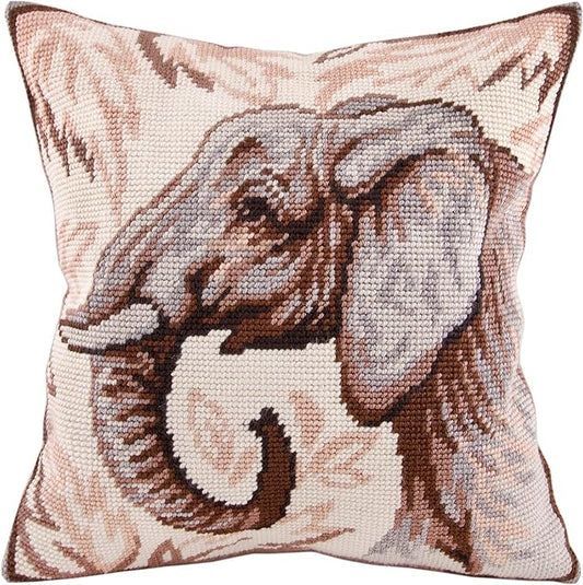 Brvsk Ferine Needlepoint Kit for Adults and Beginners — Elephant 16″ × 16″ with Clear, Precise Printed Design on Cotton Canvas; Includes 2 Needles, Yarn, and Easy-Read Chart