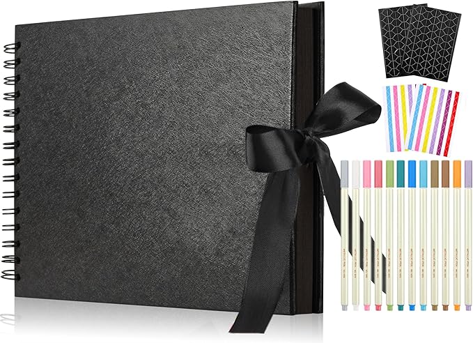 80 Pages Scrapbook Album with 12 Metallic Markers, 11.5 x 8.5 Inches Black Paper Photo Album for Wedding Anniversary, Family DIY Scrapbook Accessories