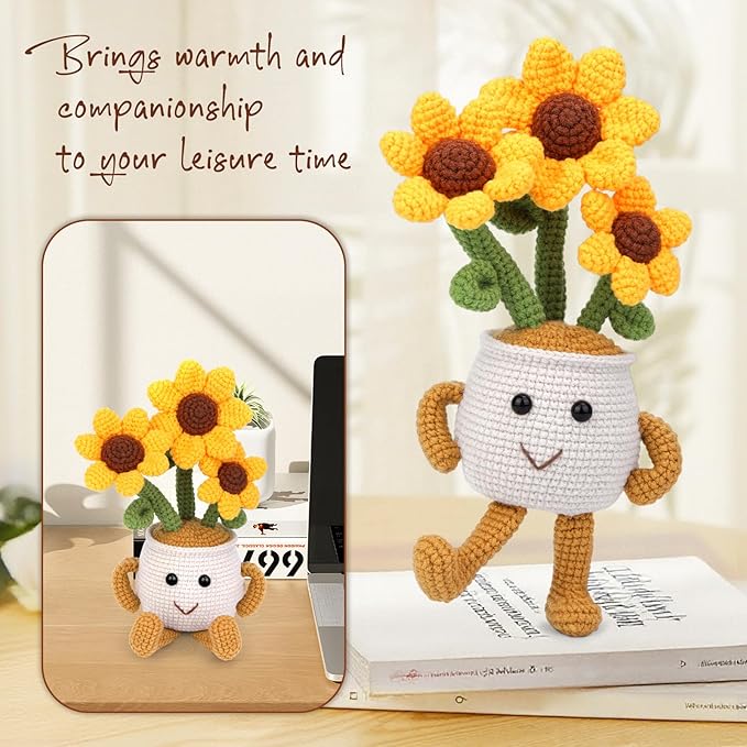 Nitlak Crochet Kit for Beginners, Sunflower Potted Beginner Crochet Kit for Adults Kids Women Men, Crochet Starters Kit with Step-by-Step Video Tutorials, Complete Crochet Accessories for DIY Craft