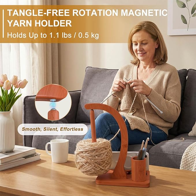 SPEENSUN Crochet Yarn Holder, Bamboo Yarn Holder Spinner with Magnetic Rotating Anti-Tangle Design, 1.1lbs Capacity, 3-in-1 Storage for Hooks/Markers, Phone Stand, Best Crochet Accessories Gifts