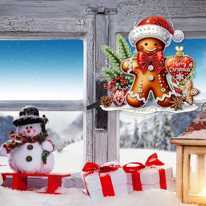 VODAPYC Christmas Diamond Art Hanging Kit for Adults, DIY Double Sided Special Shaped Diamonds Art Window Pendant Ornament for Home Decor(Gingerbread Man)