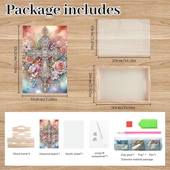5D Diamond Art Tray with Handle for Adults DIY Diamond Art Plate Kits Flowers and Cross Picture Diamond Art Painting Dinner Plate for Coffee Living Room Home Organizer Parties Family Gatherings