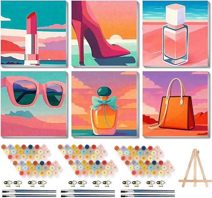 Canrichshop 6 Pack Framed Paint by Numbers Kit for Adults,Adult Paint-by-Number Kits on Canvas, DIY Oil Number Painting for Home Decor 8 x 8 inch