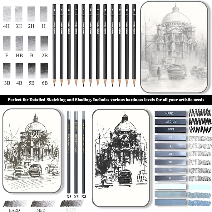 fuxi sketch pad and pencil set | stocking stuffers, art supplies for adults | gifts for artists, teen & beginners | complete drawing set with sketch book, sketch pencils, charcoal & graphite sticks.