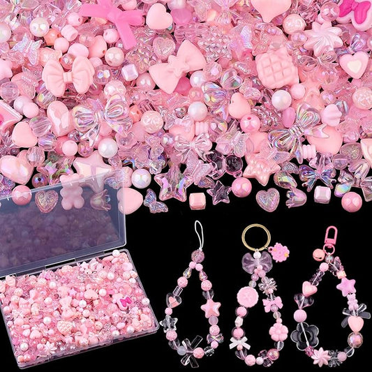 200-260PCS TINKRSTUFF Assorted Acrylic Beads Pink Cute Beads for Bracelet Making, Bow Star Aesthetic Flower Butterfly GummyBear Kawaii Charms for Jewelry Making Necklace DIY Keychain Phone Charm