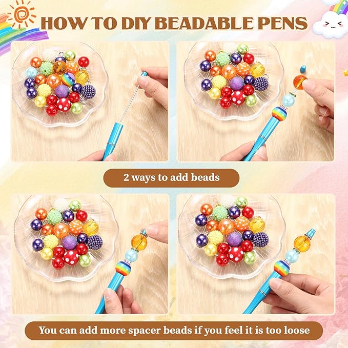 Geyee 15 Pcs Plastic Beadable Pens Assorted Bead Pens Multicolor Bubblegum Crystal Spacer Beads, Black Ink Ballpoint DIY Set, Back to School Gift for Student Summer Ocean Party Gifts(Rainbow Color)