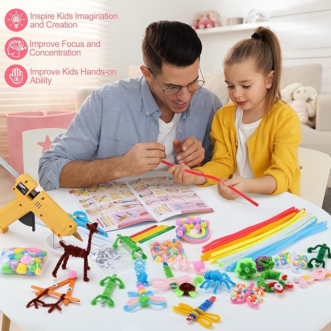 Funtopia 750pcs Pipe Cleaners Arts and Crafts Supplies for Kids, 20 Colors Chenille Stems with Craft Sticks & Pom Poms, DIY School Projects with 20 Simple Patterns Manual for Kids Ages 4 5 6 8 12
