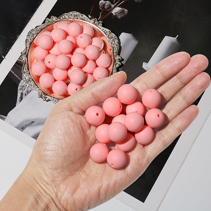 120pcs Richbunnys 15mm Bulk Silicone Beads for Pens and Keychain Making,Large Bead for Necklace and Bracelets Making,Assorted Rubber Beads Set（Light Pink）