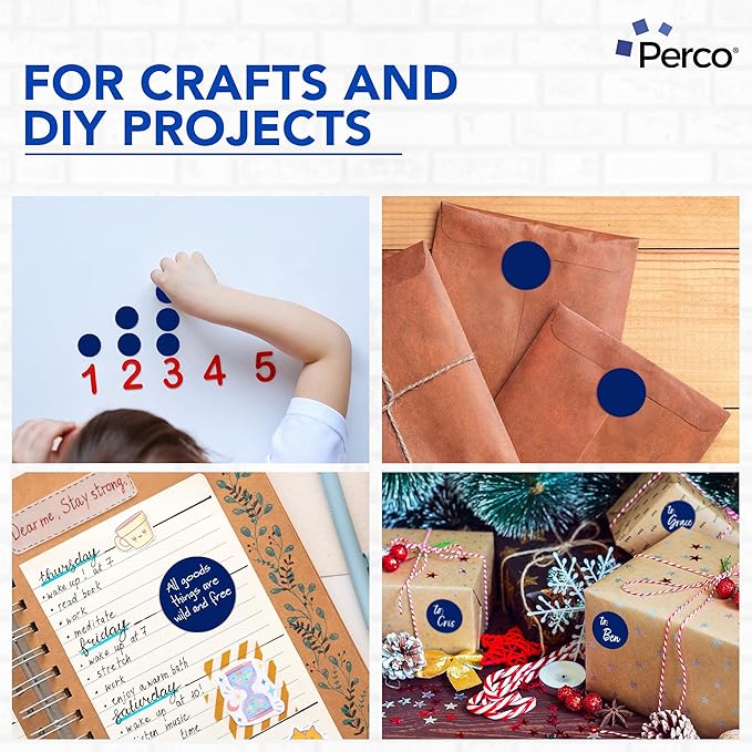 perco dark blue 2-inch perforated circle dot sticker labels — 250 round stickers per roll — with permanent adhesive for organizing, color coding, bin labeling, packaging alerts — made in usa