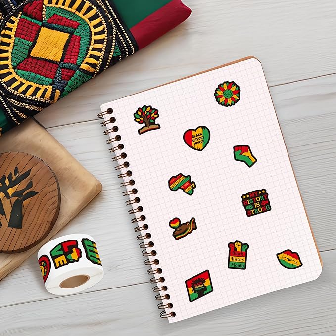beyumi black history month sticker - 1000pcs black history month stickers in 2 rolls waterproof vinyl kwanzaa juneteenth african american celebration decals party laptop bottle scrapbooking decoration