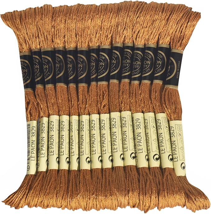 LE PAON Embroidery Floss, 14-Pack Six Strands 100% Long Staple Cotton Embroidery Thread, 8.7-Yard，Color Number：3829, Very Dark Old Gold