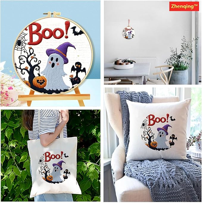 Zhenqing Halloween Ghost Embroidery Kit for Beginners - 29x29cm Printed Fabric with Hoop & Full Tools (Witch Hat Ghost & Pumpkin Design) (C0117)