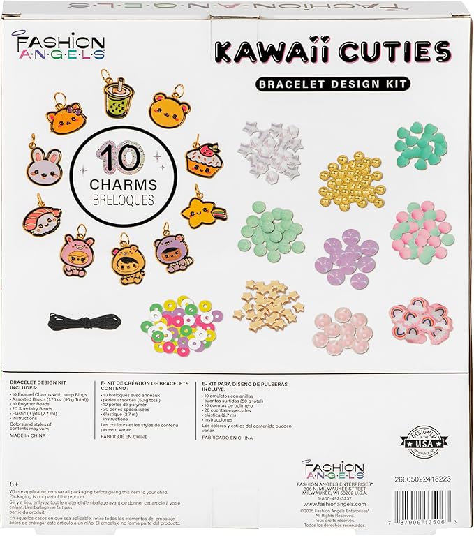 Fashion Angels Kawaii Cuties Bracelet Design Kit, Includes 10 Enamel Charms, Assorted Beads & Elastic String, Trendy DIY Jewelry Kit for Kids, Girls & Boys