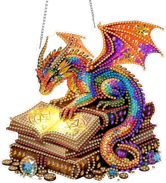CEOVR Dragon Hanging Diamond Art for Adults, Dragon Book Diamond Painting Pendant DIY Gem Art Wall Hanging Ornament, Acrylic Home Garden Decor with Chain, Box Kit 7.87×7.63inch