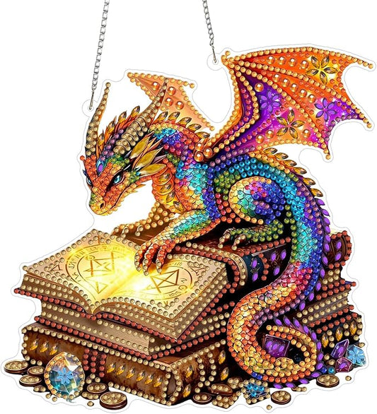 CEOVR Dragon Hanging Diamond Art for Adults, Dragon Book Diamond Painting Pendant DIY Gem Art Wall Hanging Ornament, Acrylic Home Garden Decor with Chain, Box Kit 7.87×7.63inch